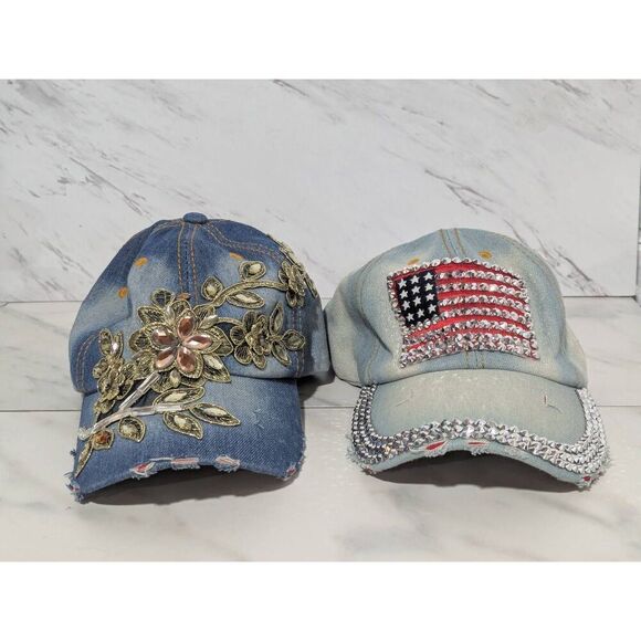 Unbranded Women's Multi-Color Vintage Distressed Bedazzled Denim Ball Caps Adjus - Picture 1 of 5